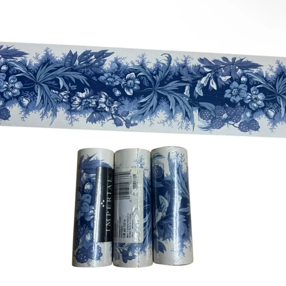 Vintage Wallpaper Border Floral Blue White Cottage Costal Imperial 3 Rolls NEW